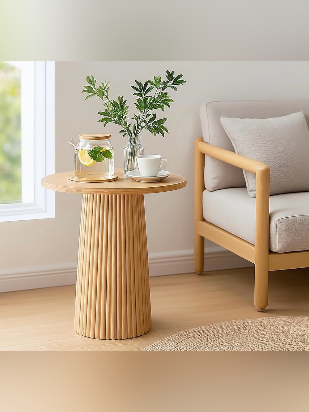 NWT Fluted Round Rattan Side Table – Natural Wood Color